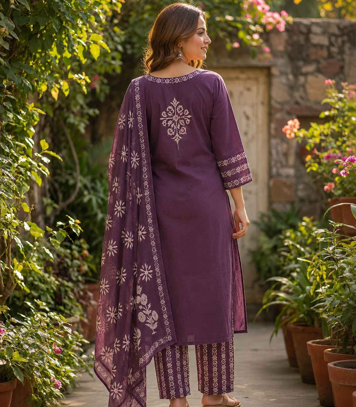 Premium Navy Blue, Orange & Deep Plum Purple Cotton Kurta Pant Dupatta Set for Women | Hand Block Print Ethnic Suit Set