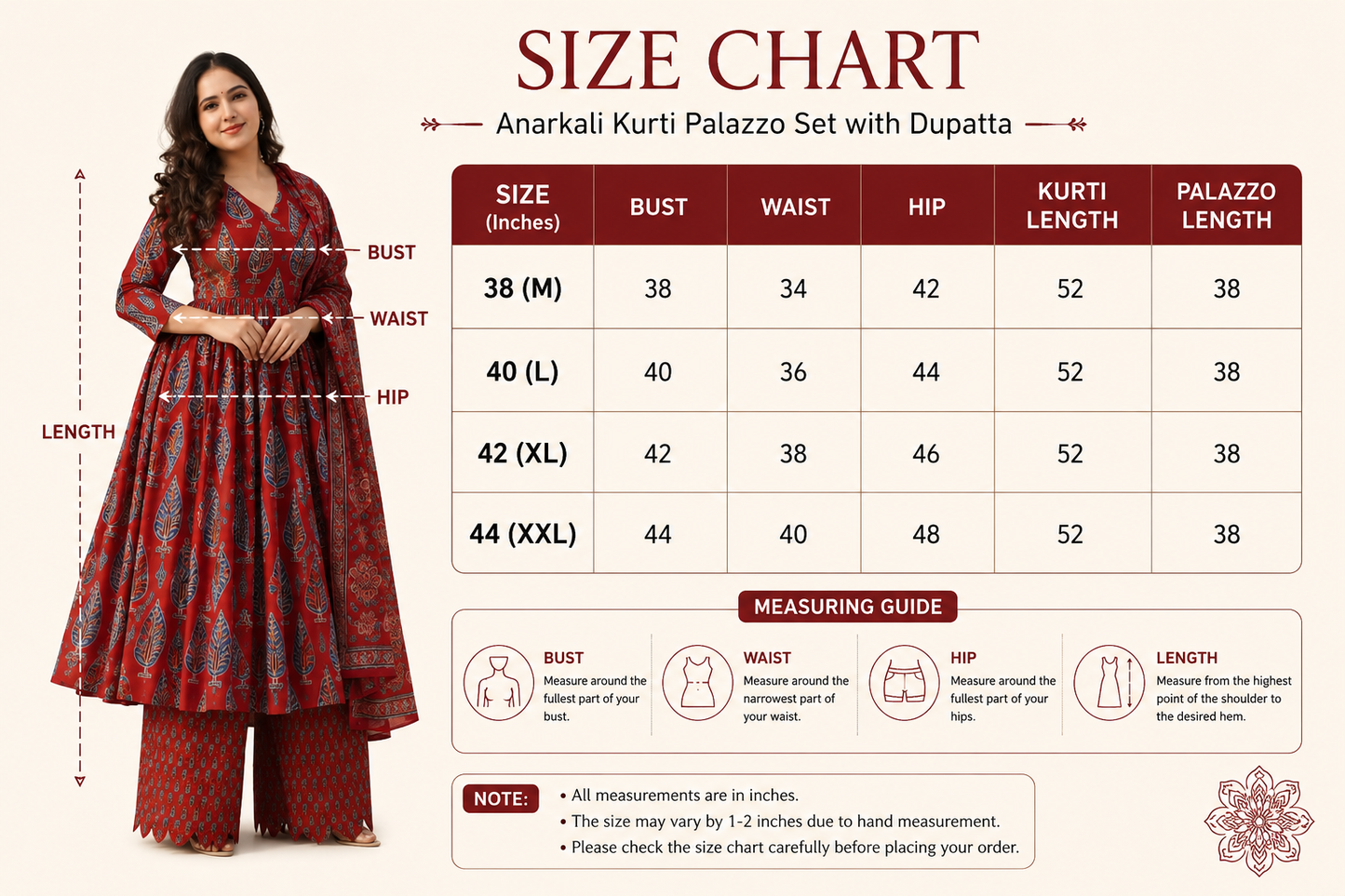 Attire Vogue Red Printed Anarkali Kurti Palazzo Set with Dupatta for Women