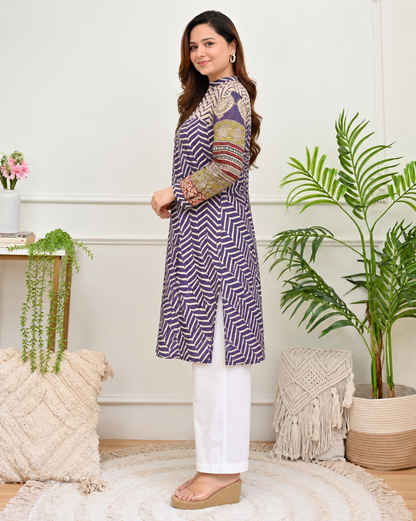 Maroon & Purple Zigzag Anarkali Kurta with White Pants