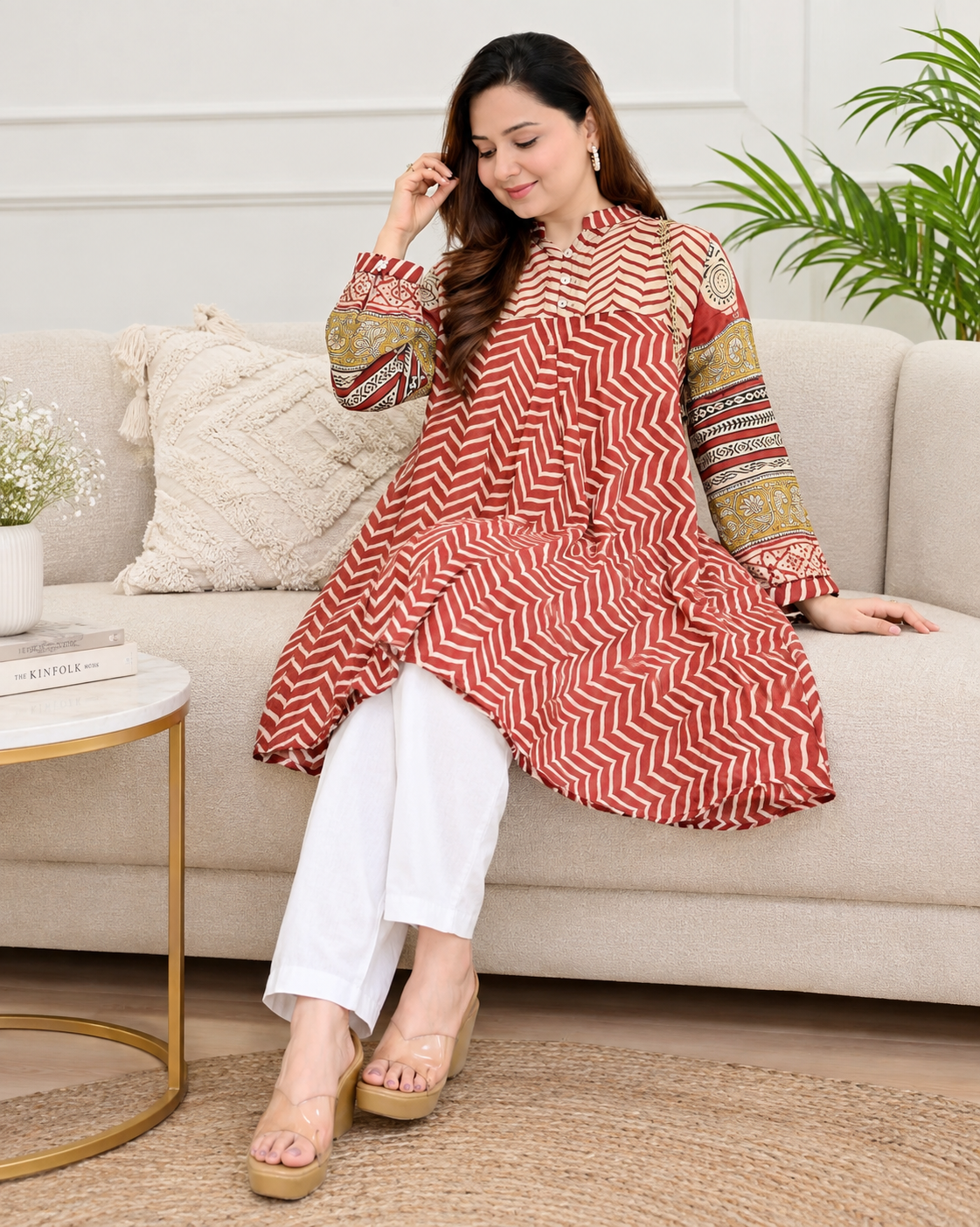 Maroon & Purple Zigzag Anarkali Kurta with White Pants