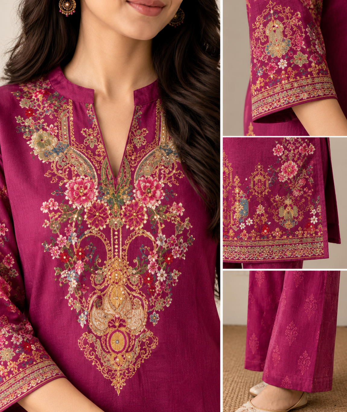 Floral Wine Color Printed Kurti Pant Co-Ord Set