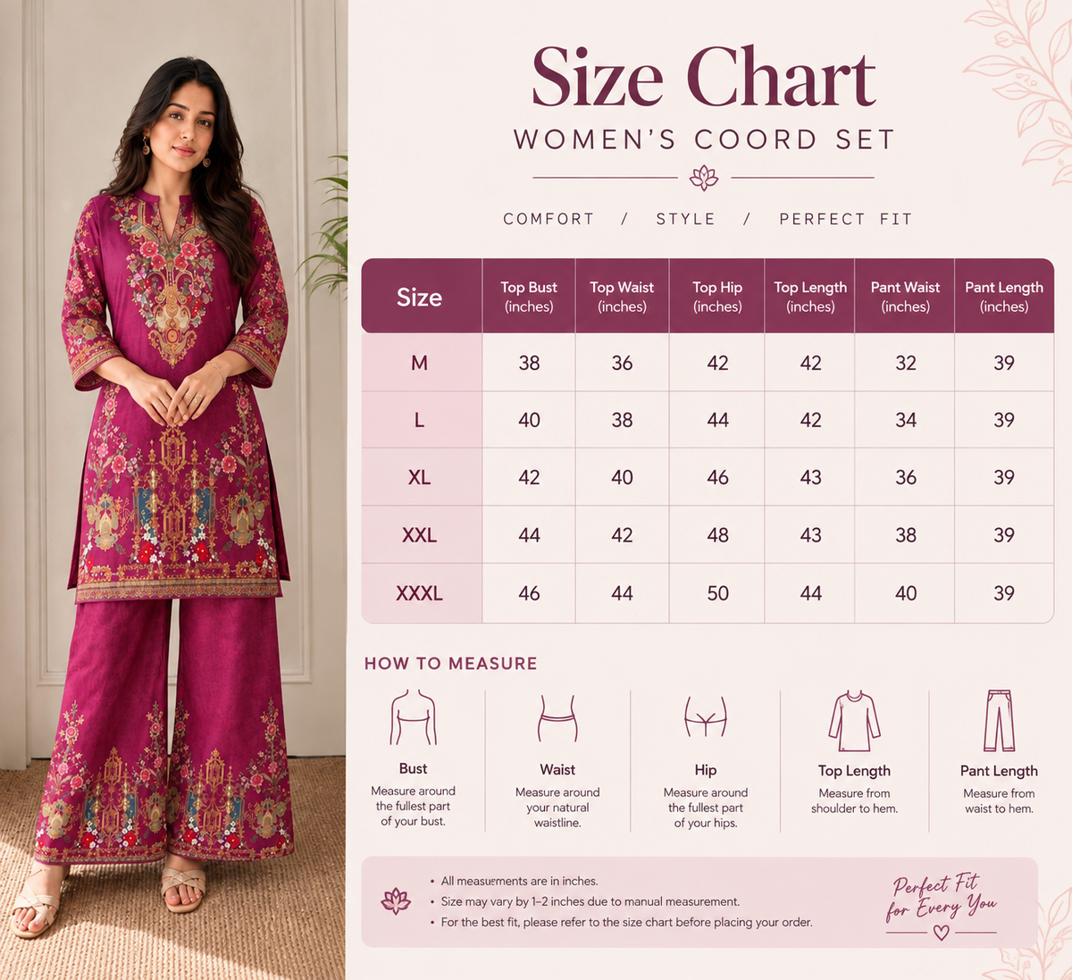 Floral Wine Color Printed Kurti Pant Co-Ord Set