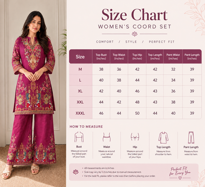 Floral Wine Color Printed Kurti Pant Co-Ord Set