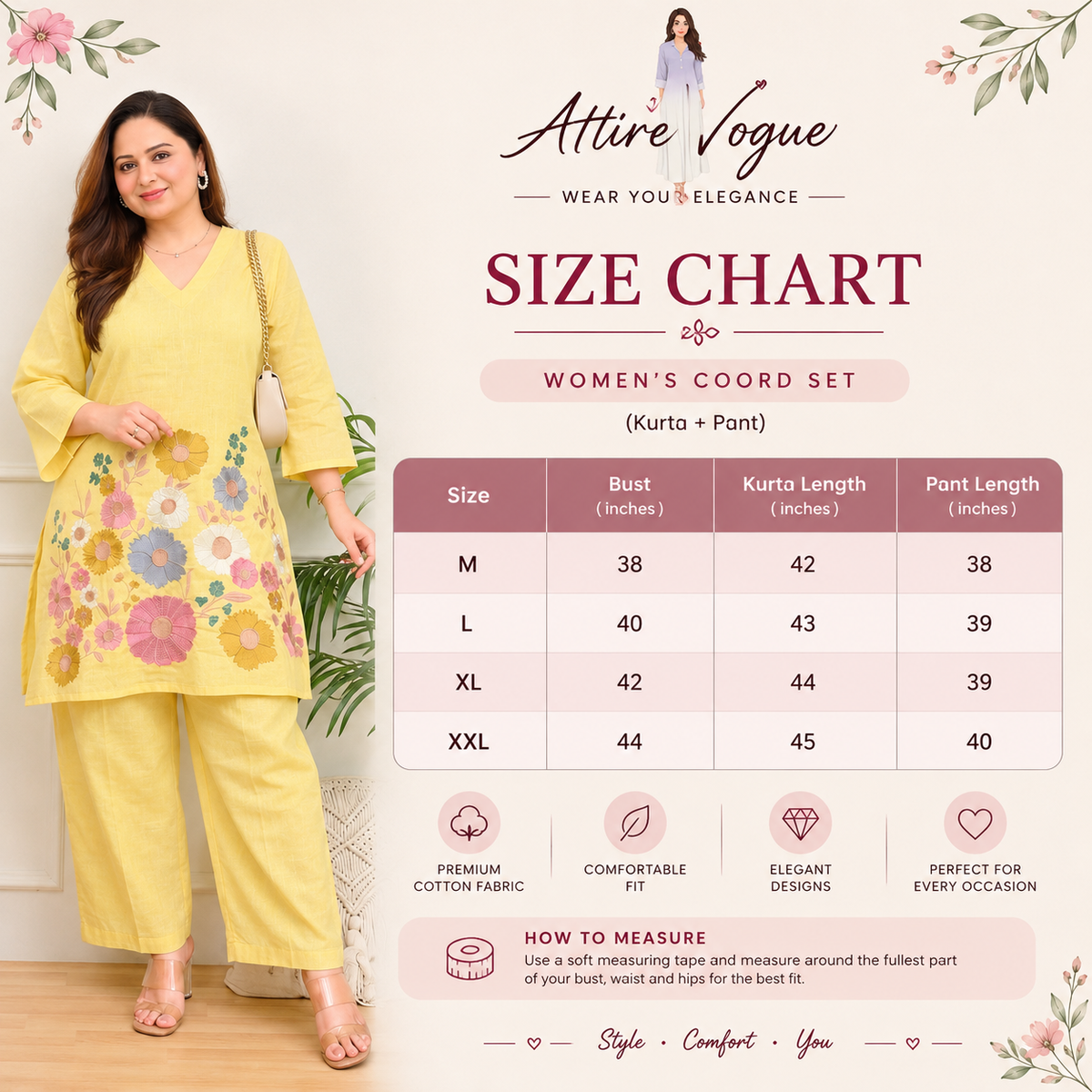 Women’s Embroidered Yellow Cotton Coord Set | Floral Embroidery Kurta Pant Set | Attire Vogue