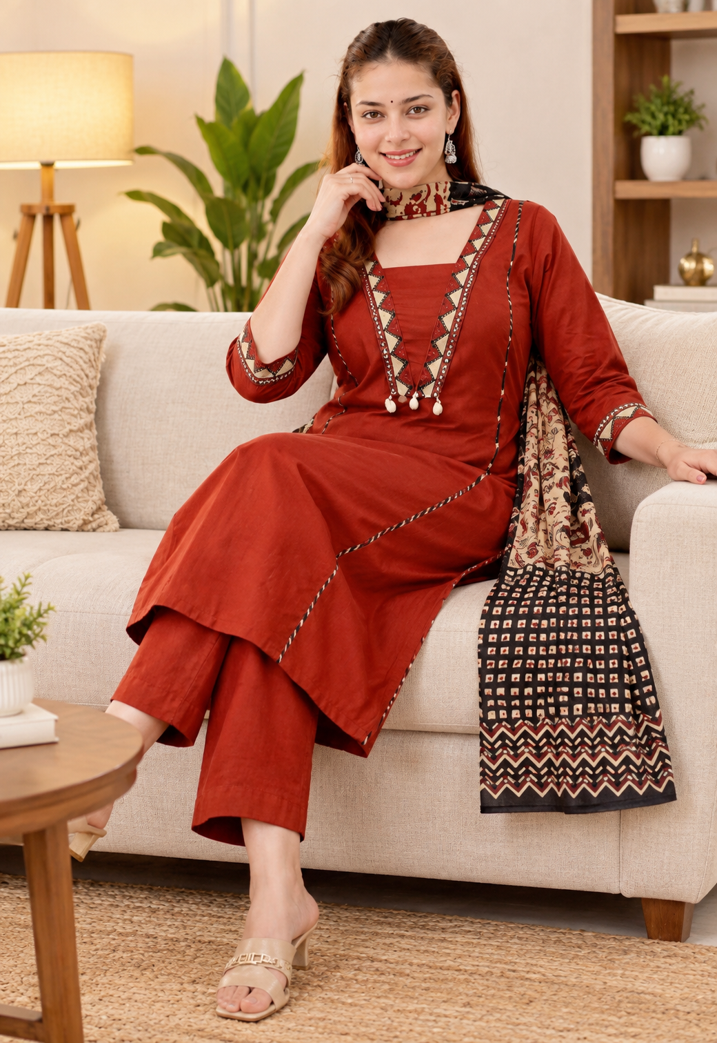 Women’s Rust Red & Mustard Yellow Cotton Kurti Set with Palazzo & Printed Dupatta | Ethnic Indian Wear