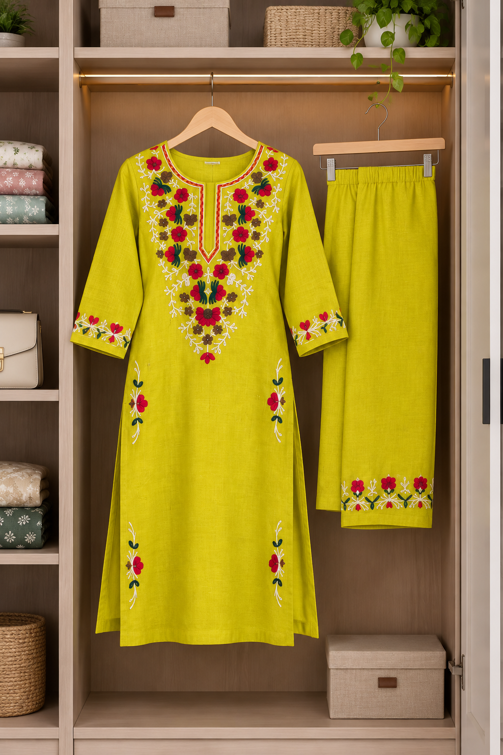 Women’s Premium Embroidered Maroon Red & Mustard Yellow Kurti Palazzo Set | Elegant Floral Ethnic Wear