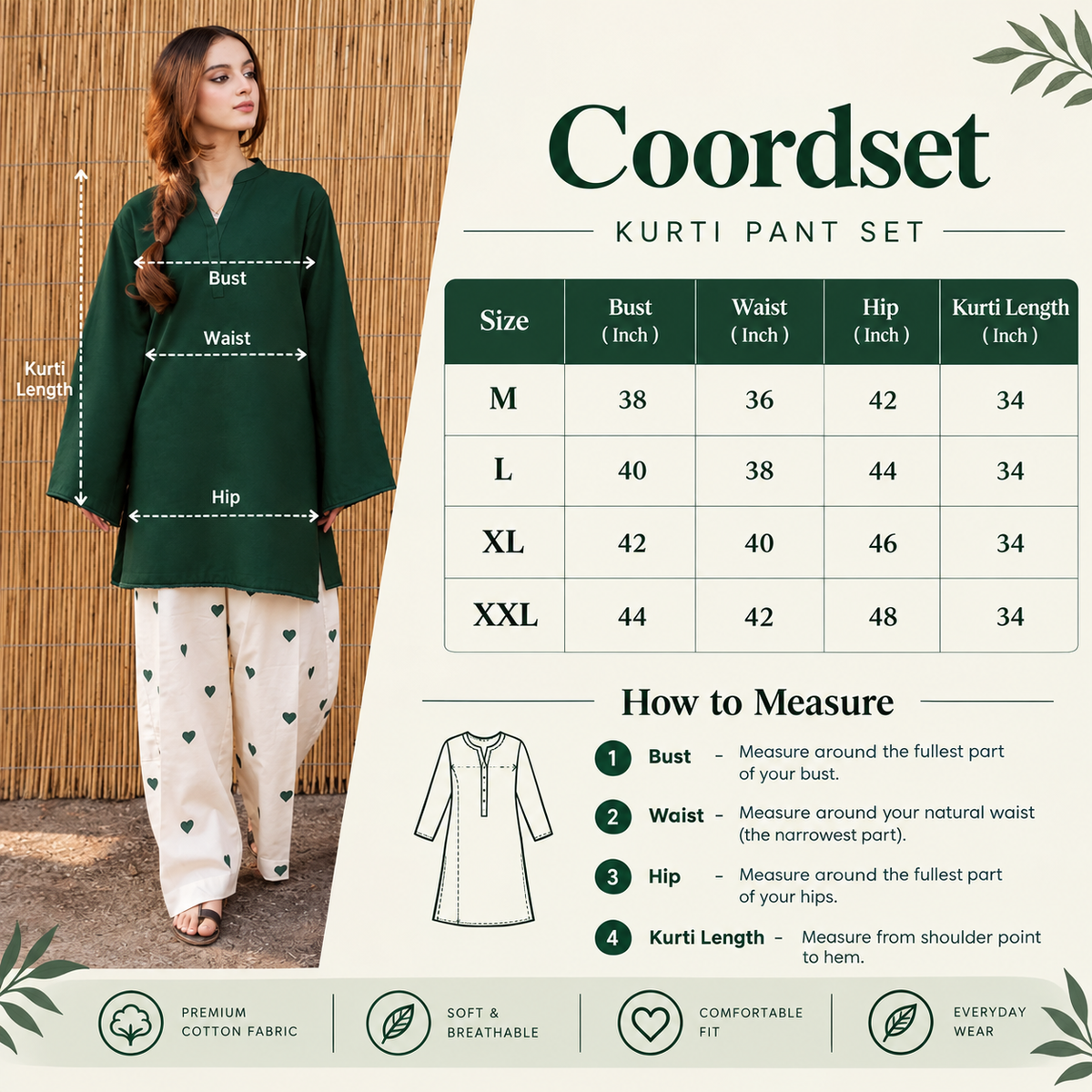 Women’s Brown & Bottle Green Cotton Co-Ord Set with Heart Print Palazzo – Stylish Flared Sleeve Kurta Set