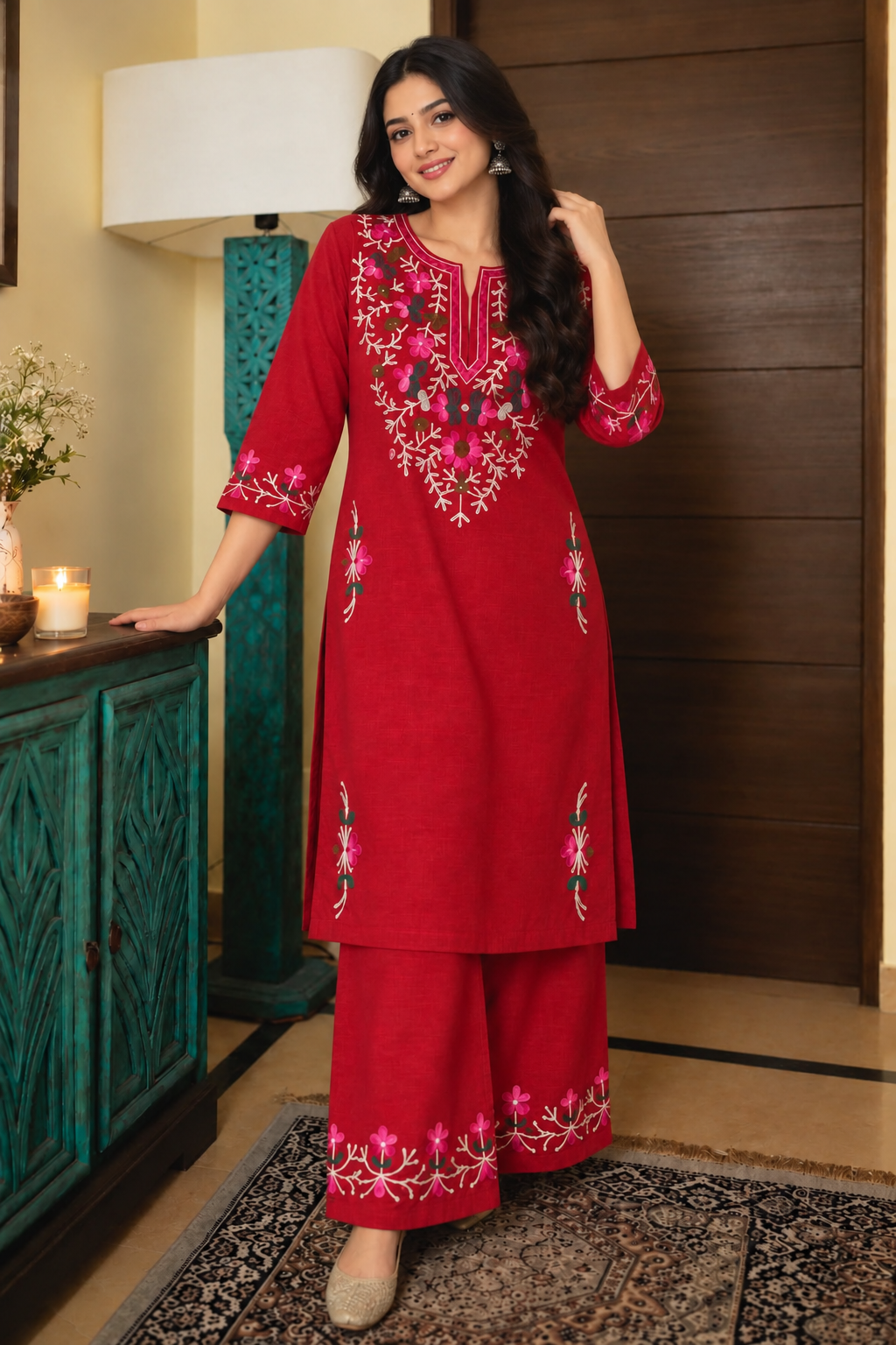 Women’s Premium Embroidered Maroon Red & Mustard Yellow Kurti Palazzo Set | Elegant Floral Ethnic Wear