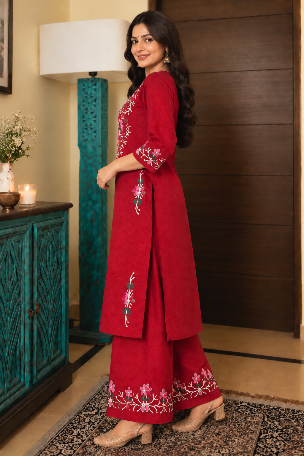 Women’s Premium Embroidered Maroon Red & Mustard Yellow Kurti Palazzo Set | Elegant Floral Ethnic Wear
