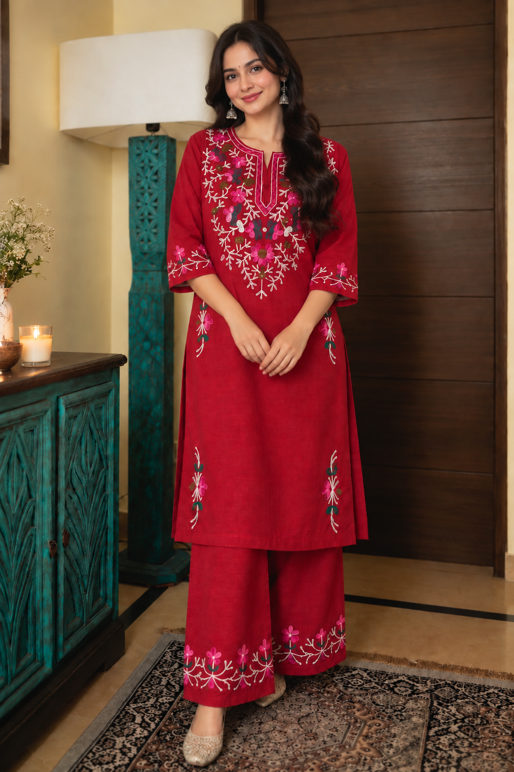 Women’s Premium Embroidered Maroon Red & Mustard Yellow Kurti Palazzo Set | Elegant Floral Ethnic Wear