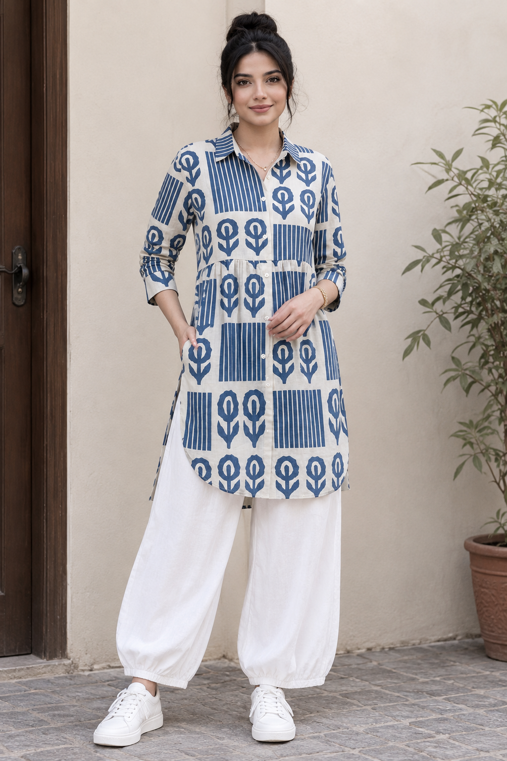 Women’s Blue & White Printed Cotton Kurti with White Pants | Stylish Ethnic Co-ord Set