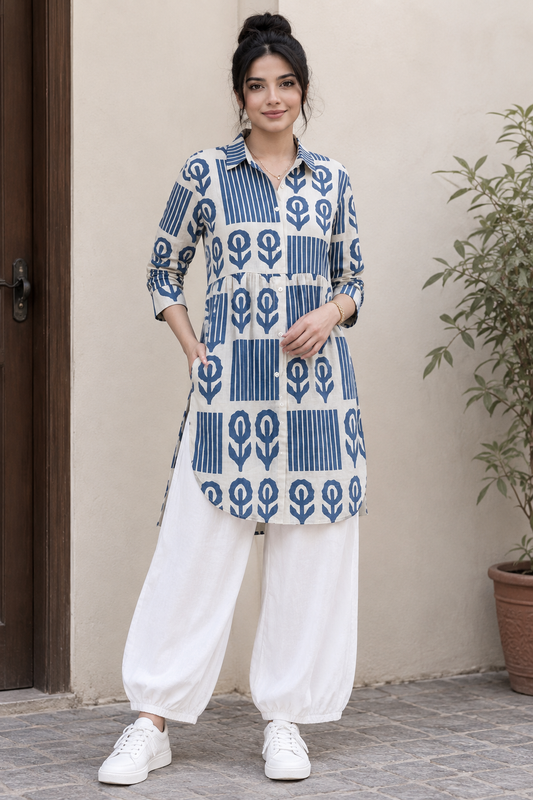 Women’s Blue & White Printed Cotton Kurti with White Pants | Stylish Ethnic Co-ord Set