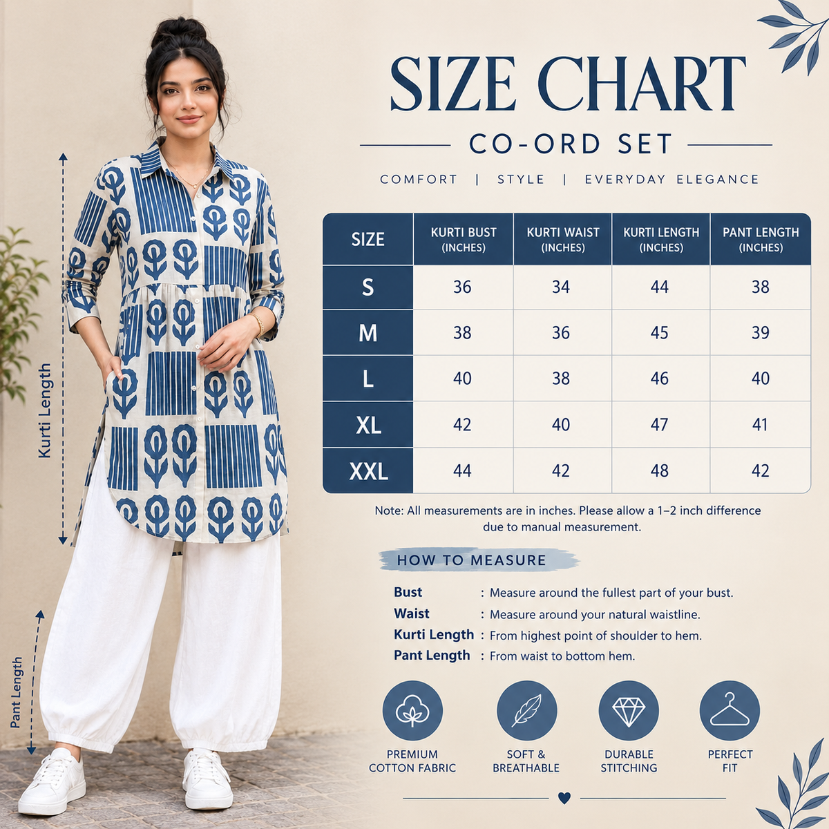 Women’s Blue & White Printed Cotton Kurti with White Pants | Stylish Ethnic Co-ord Set