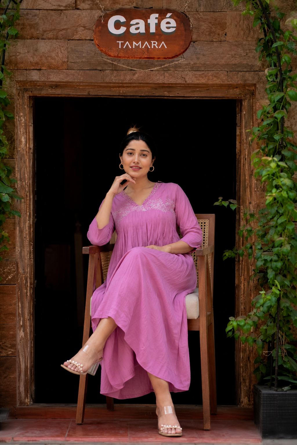 Women’s Pink Cotton Anarkali Kurti Skirt Set with Embroidered Neckline | Elegant Ethnic Wear