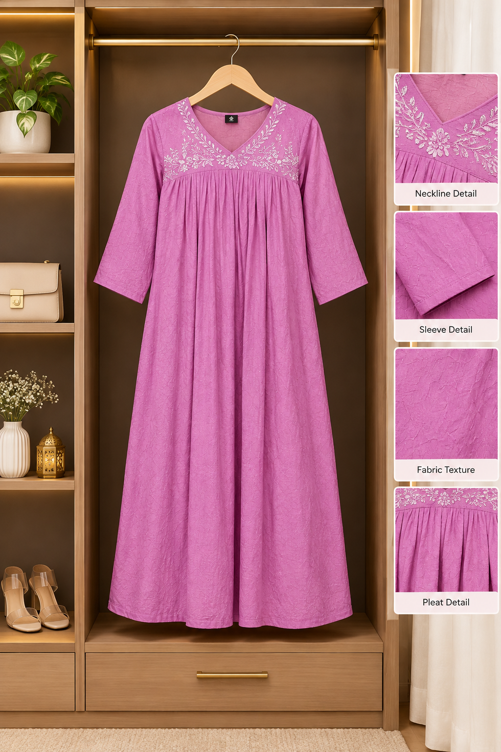 Women’s Pink Cotton Anarkali Kurti Skirt Set with Embroidered Neckline | Elegant Ethnic Wear