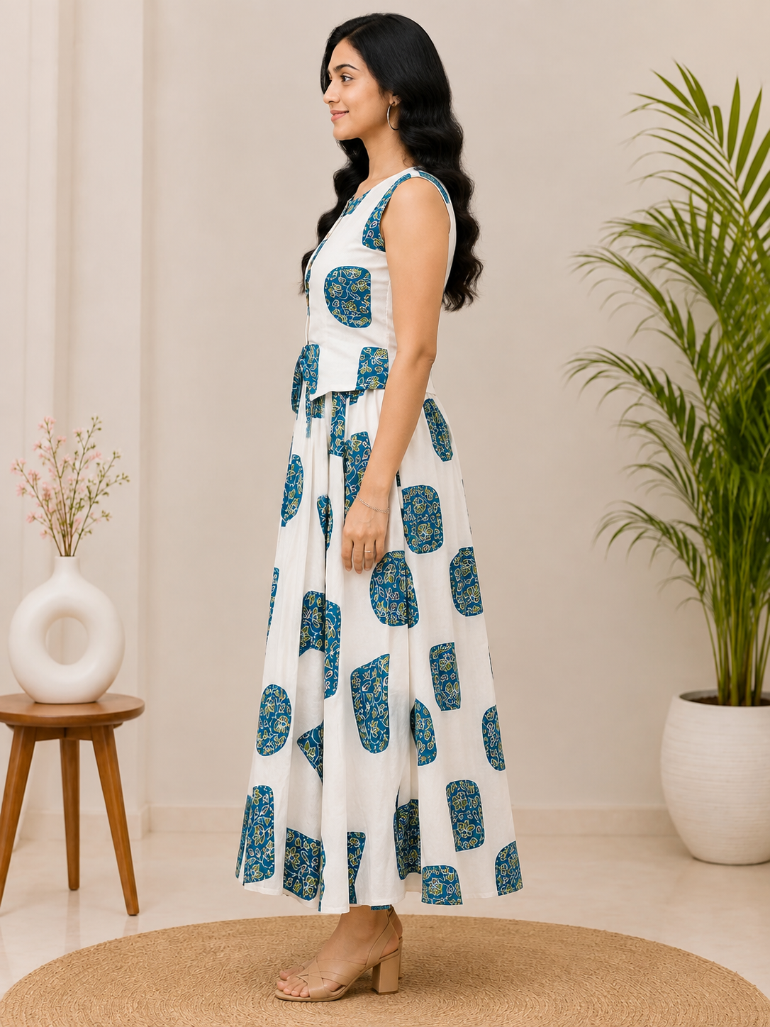 Women’s Printed Kurti Skirt Set | Sleeveless Cotton Ethnic Dress