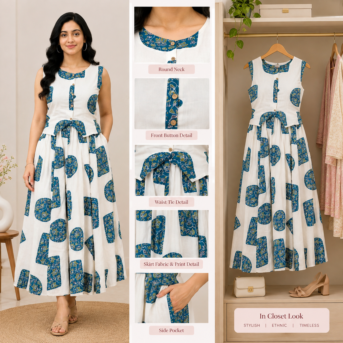 Women’s Printed Kurti Skirt Set | Sleeveless Cotton Ethnic Dress