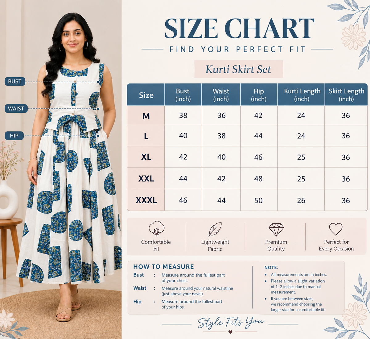 Women’s Printed Kurti Skirt Set | Sleeveless Cotton Ethnic Dress