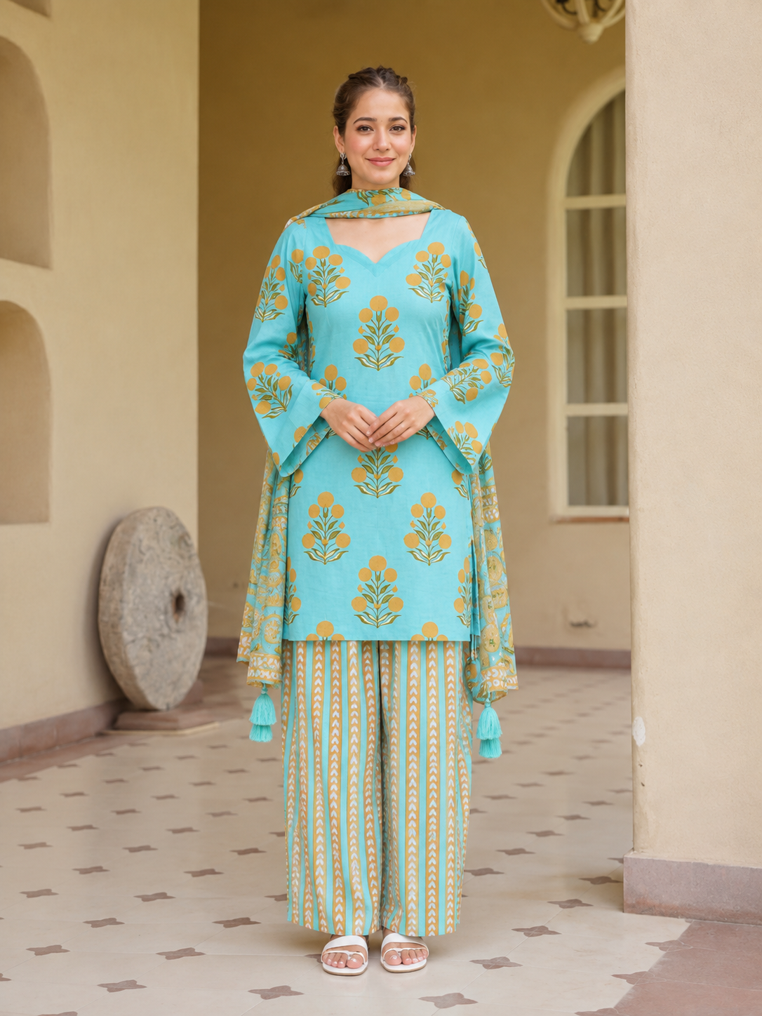 Turquoise Printed Kurti with Farshi Pant & Dupatta Set | Women’s Ethnic Wear