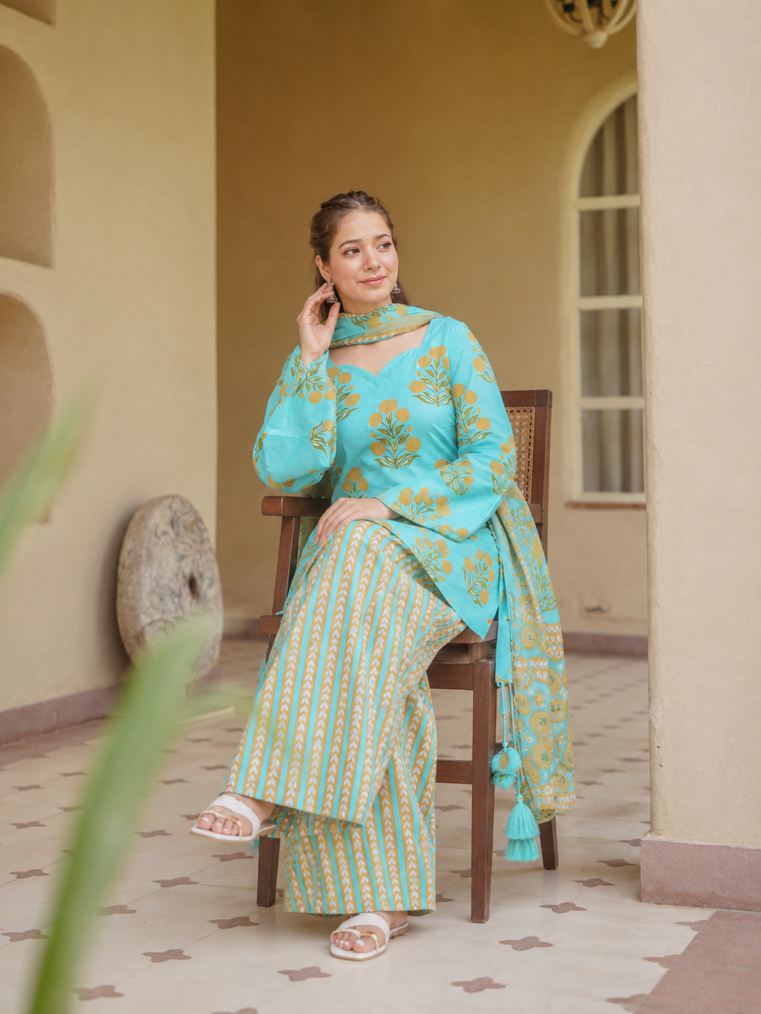 Turquoise Printed Kurti with Farshi Pant & Dupatta Set | Women’s Ethnic Wear