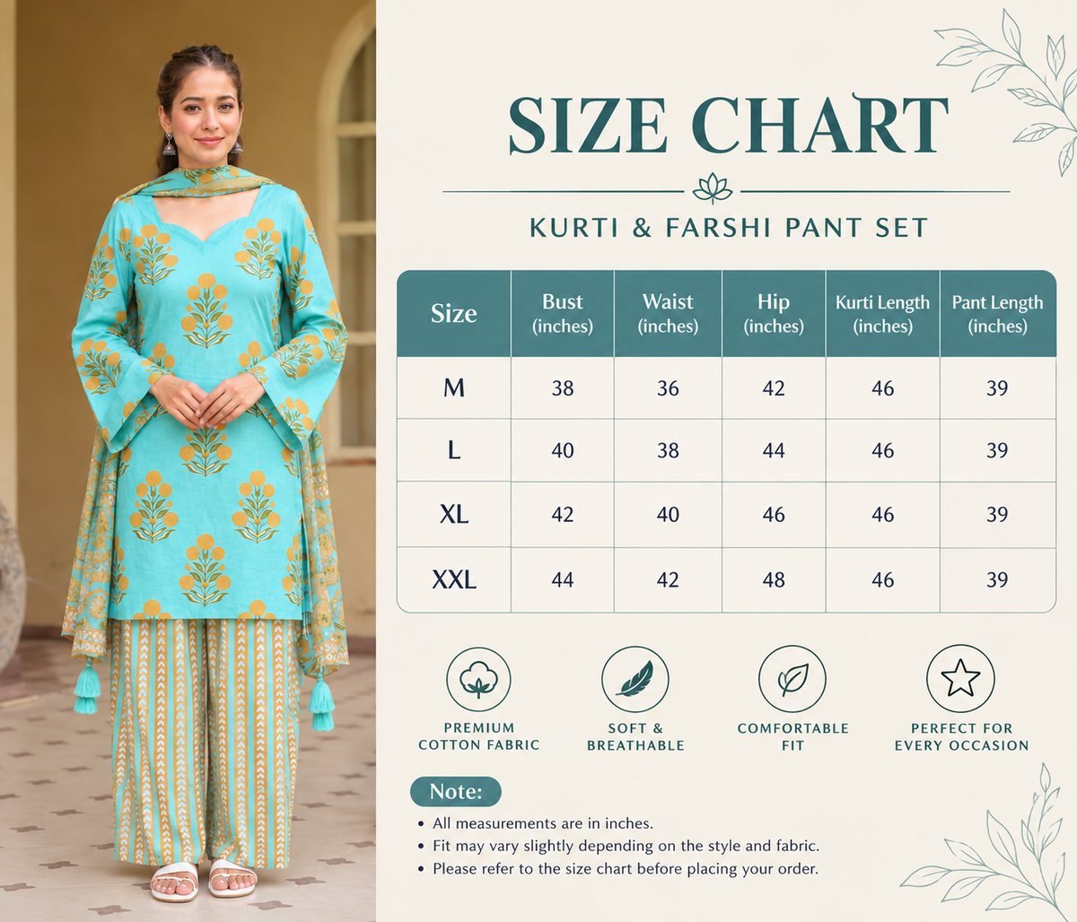 Turquoise Printed Kurti with Farshi Pant & Dupatta Set | Women’s Ethnic Wear