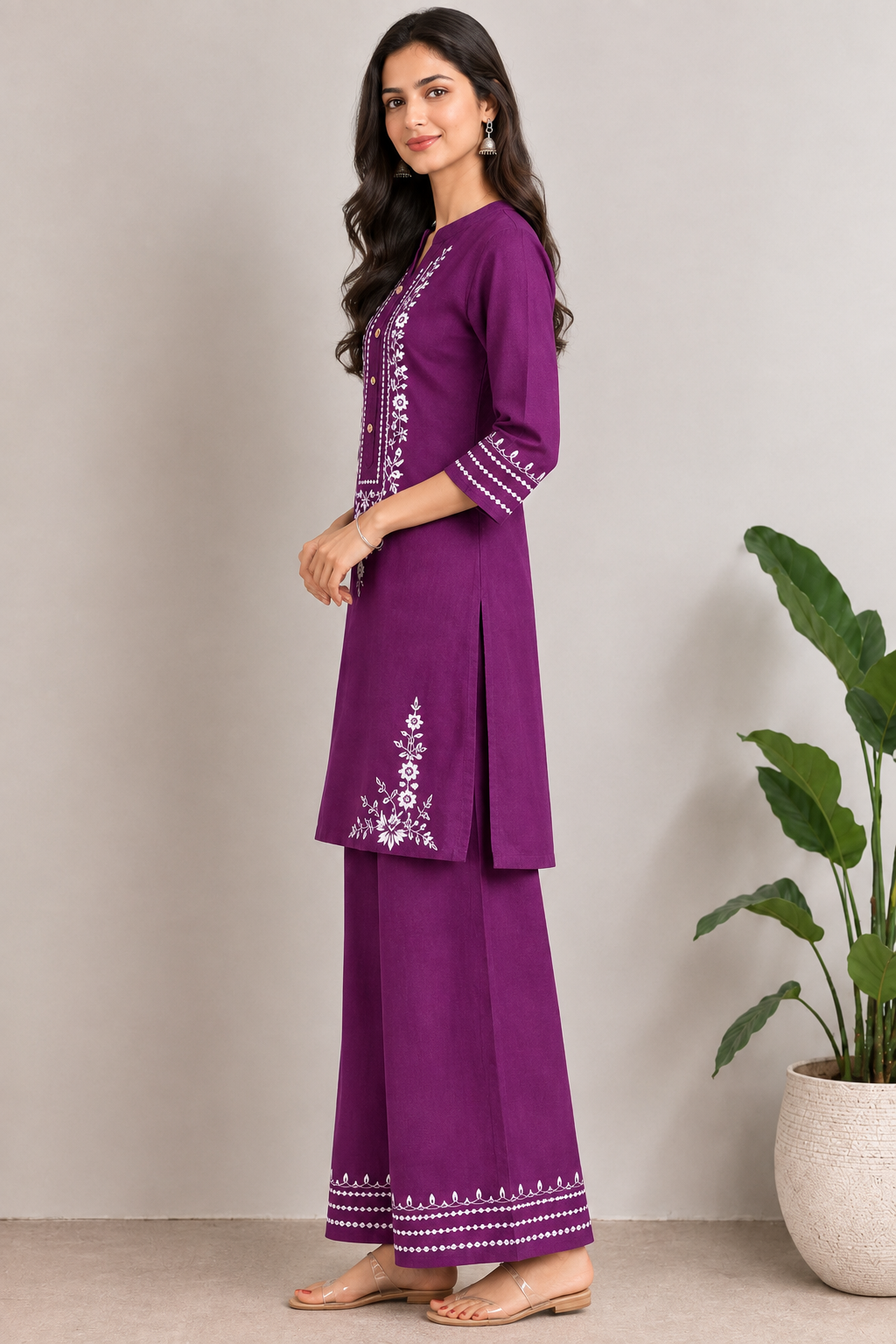 Women’s Purple & Pink Embroidered Kurta Palazzo Co-Ord Set | Floral Embroidery Ethnic Wear