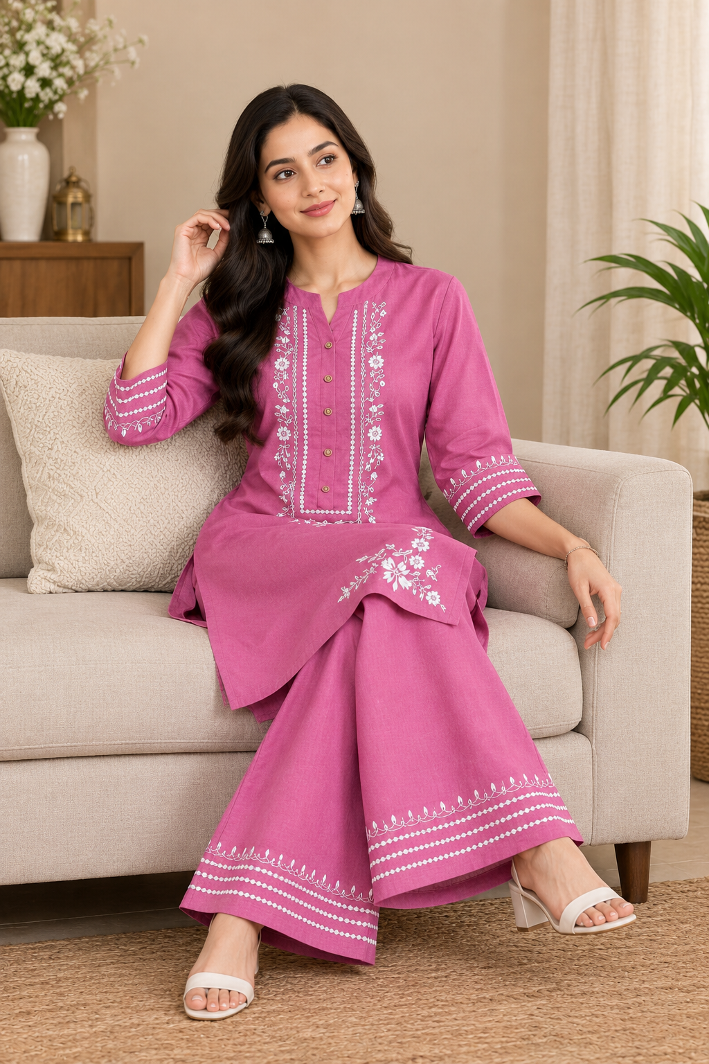 Women’s Purple & Pink Embroidered Kurta Palazzo Co-Ord Set | Floral Embroidery Ethnic Wear