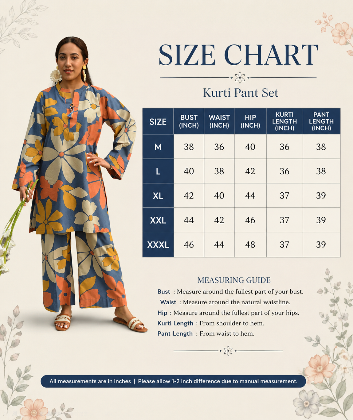 Women’s Floral Printed Kurti Pant Set | Blue Cotton Co-Ord Set | Stylish Casual Ethnic Wear