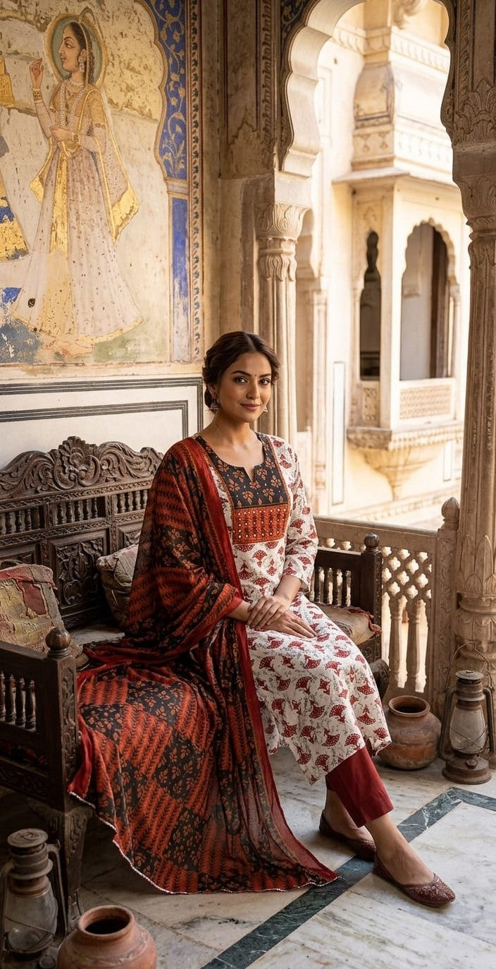 Women’s Premium Cotton Printed Kurta Pant Dupatta Set | Elegant Ethnic Wear Suit for Women | Attire Vogue