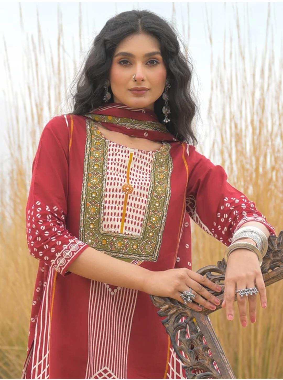 Women’s Navy Blue & Maroon Printed Kurta Pant Dupatta Set | Premium Cotton Ethnic Wear for Women | Attire Vogue