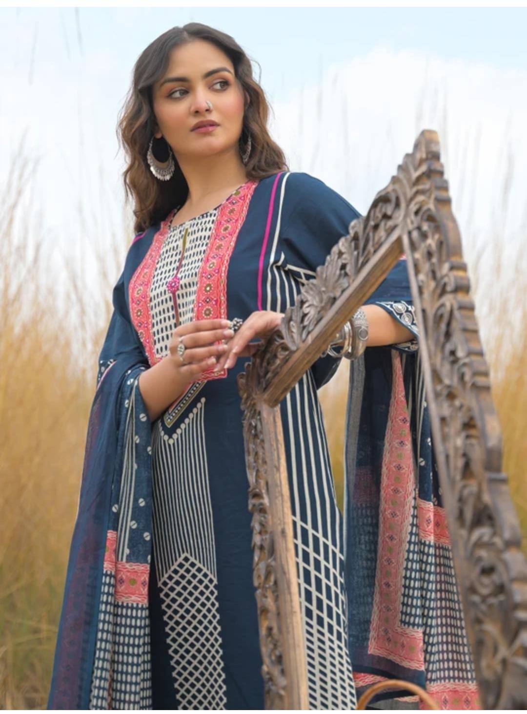 Women’s Navy Blue & Maroon Printed Kurta Pant Dupatta Set | Premium Cotton Ethnic Wear for Women | Attire Vogue