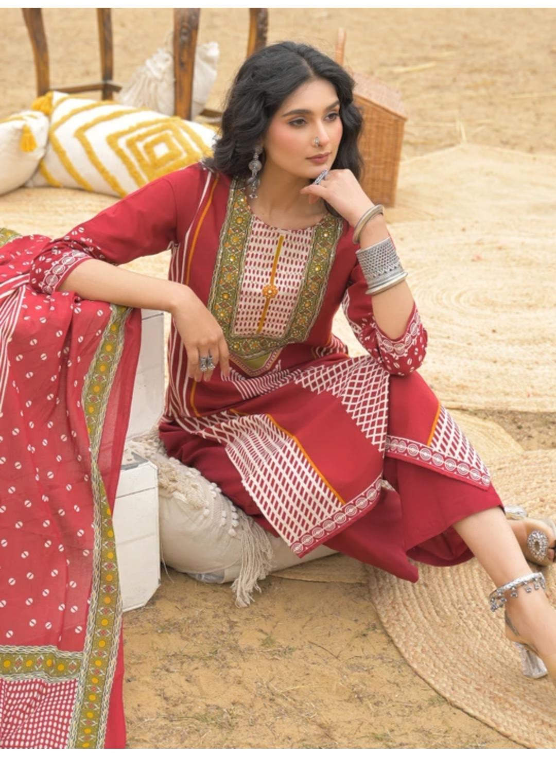 Women’s Navy Blue & Maroon Printed Kurta Pant Dupatta Set | Premium Cotton Ethnic Wear for Women | Attire Vogue