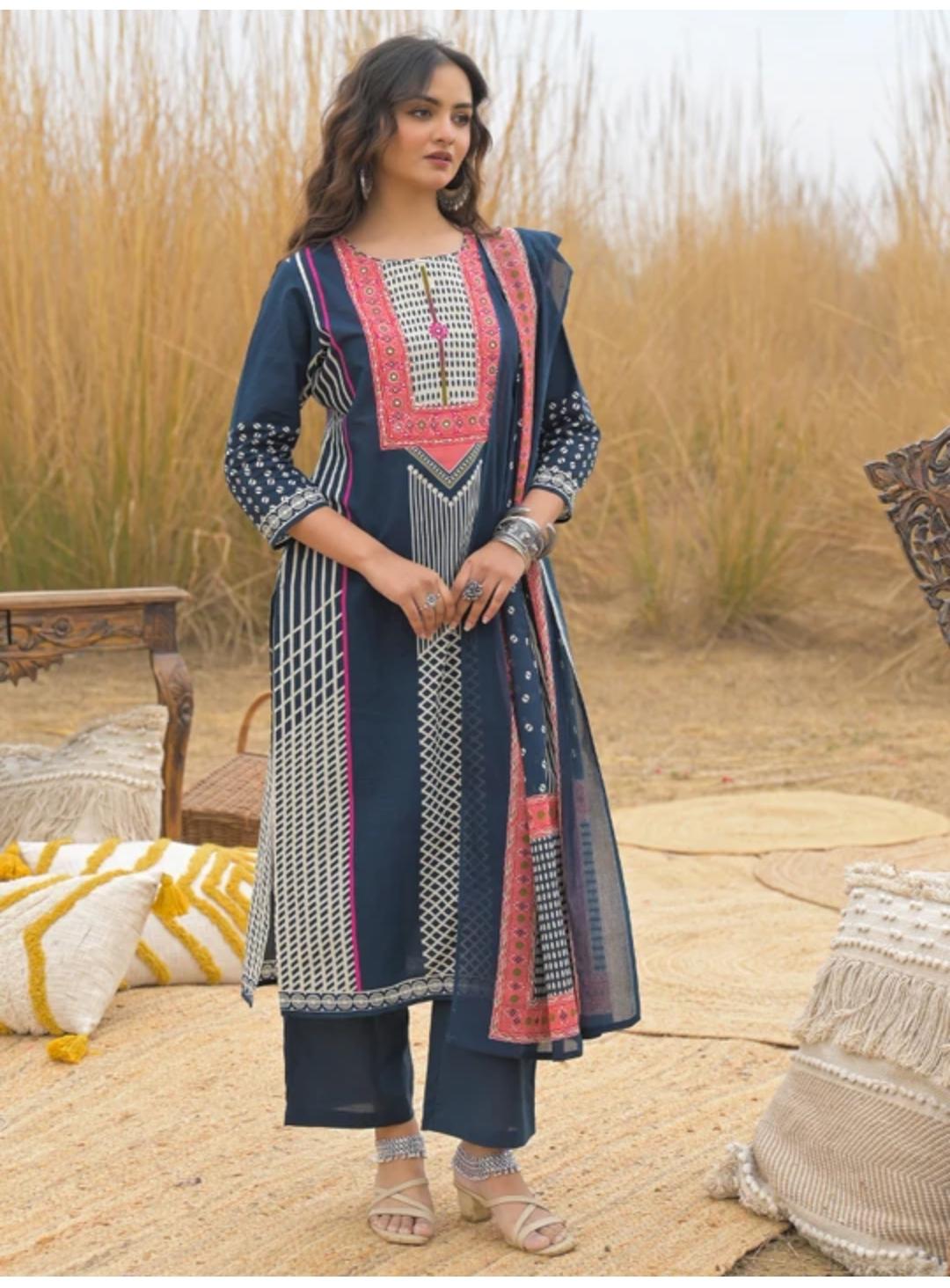 Women’s Navy Blue & Maroon Printed Kurta Pant Dupatta Set | Premium Cotton Ethnic Wear for Women | Attire Vogue