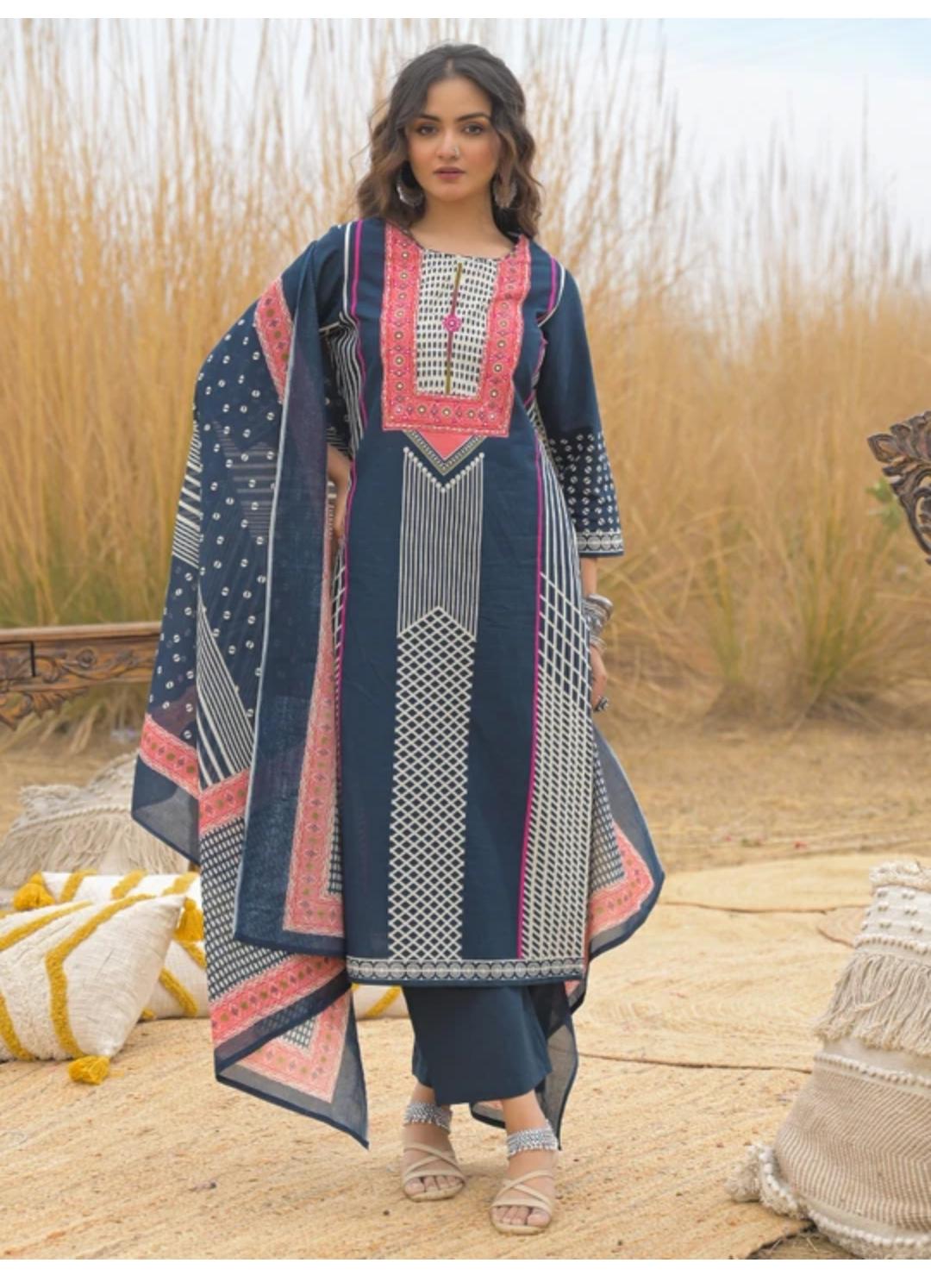 Women’s Navy Blue & Maroon Printed Kurta Pant Dupatta Set | Premium Cotton Ethnic Wear for Women | Attire Vogue
