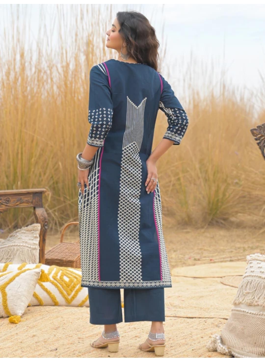 Women’s Navy Blue & Maroon Printed Kurta Pant Dupatta Set | Premium Cotton Ethnic Wear for Women | Attire Vogue