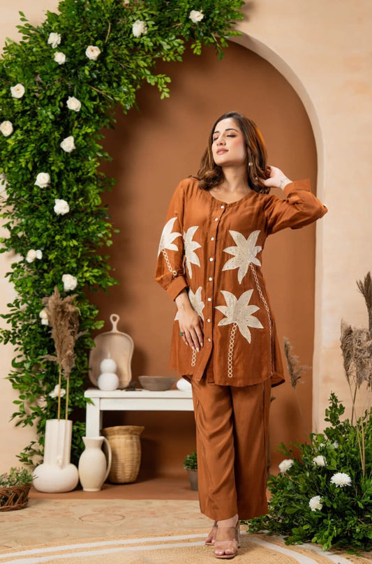 Women's Brown Embroidered Kurti Palazzo Co-Ord Set | Designer Ethnic Wear for Women