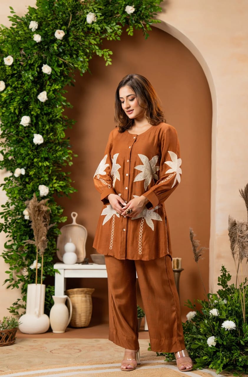 Women's Brown Embroidered Kurti Palazzo Co-Ord Set | Designer Ethnic Wear for Women