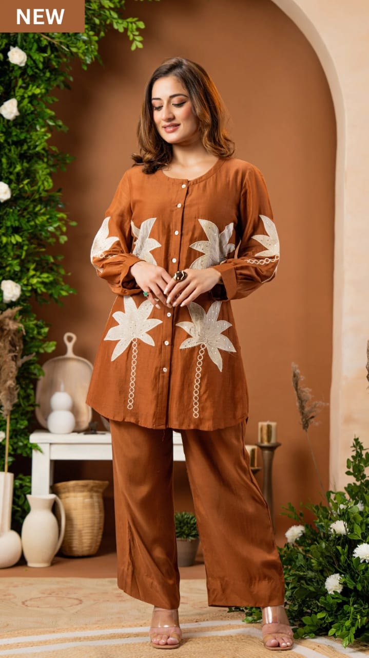 Women's Brown Embroidered Kurti Palazzo Co-Ord Set | Designer Ethnic Wear for Women