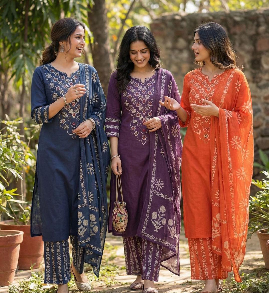 Premium Navy Blue, Orange & Deep Plum Purple Cotton Kurta Pant Dupatta Set for Women | Hand Block Print Ethnic Suit Set