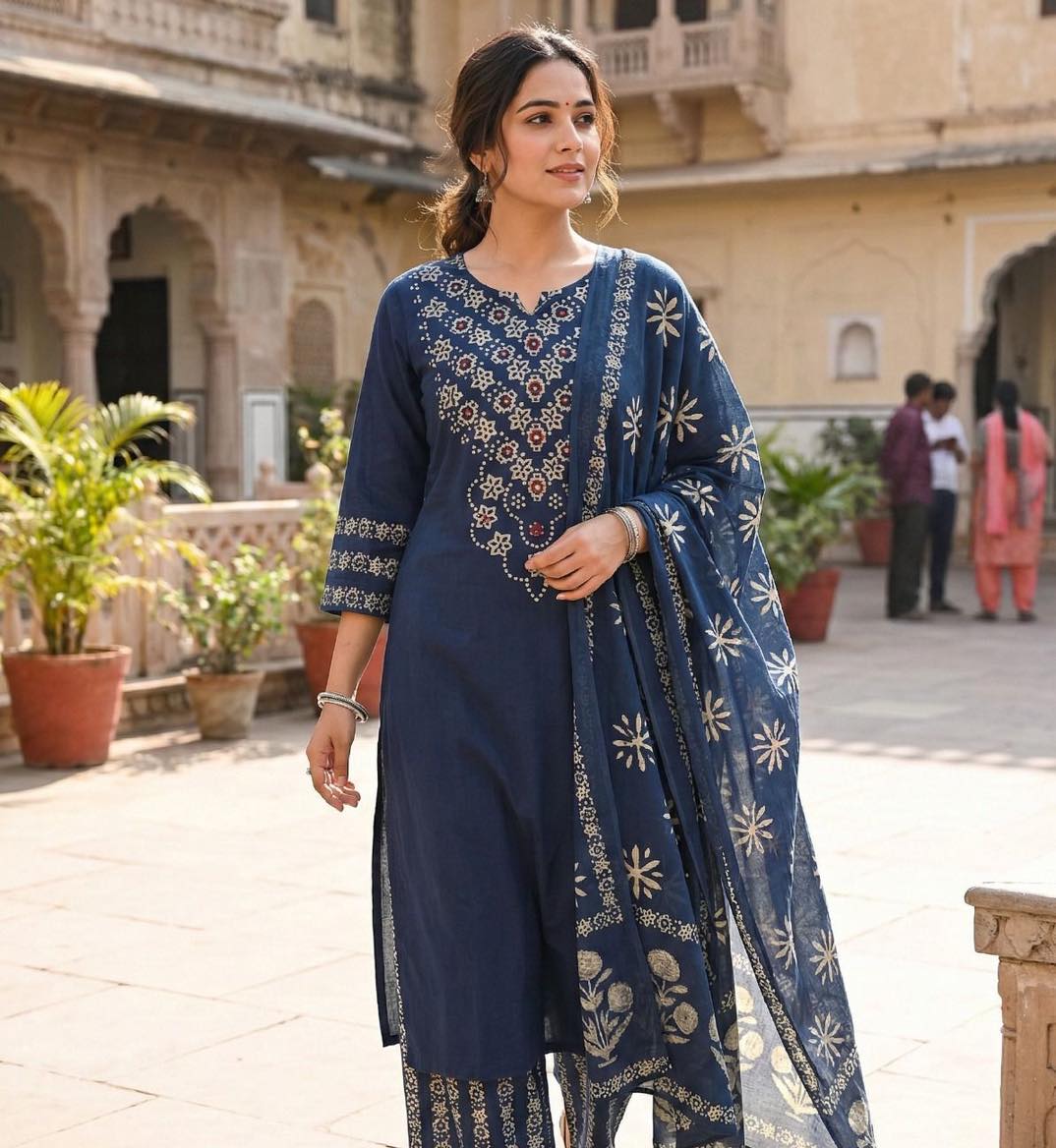 Premium Navy Blue, Orange & Deep Plum Purple Cotton Kurta Pant Dupatta Set for Women | Hand Block Print Ethnic Suit Set
