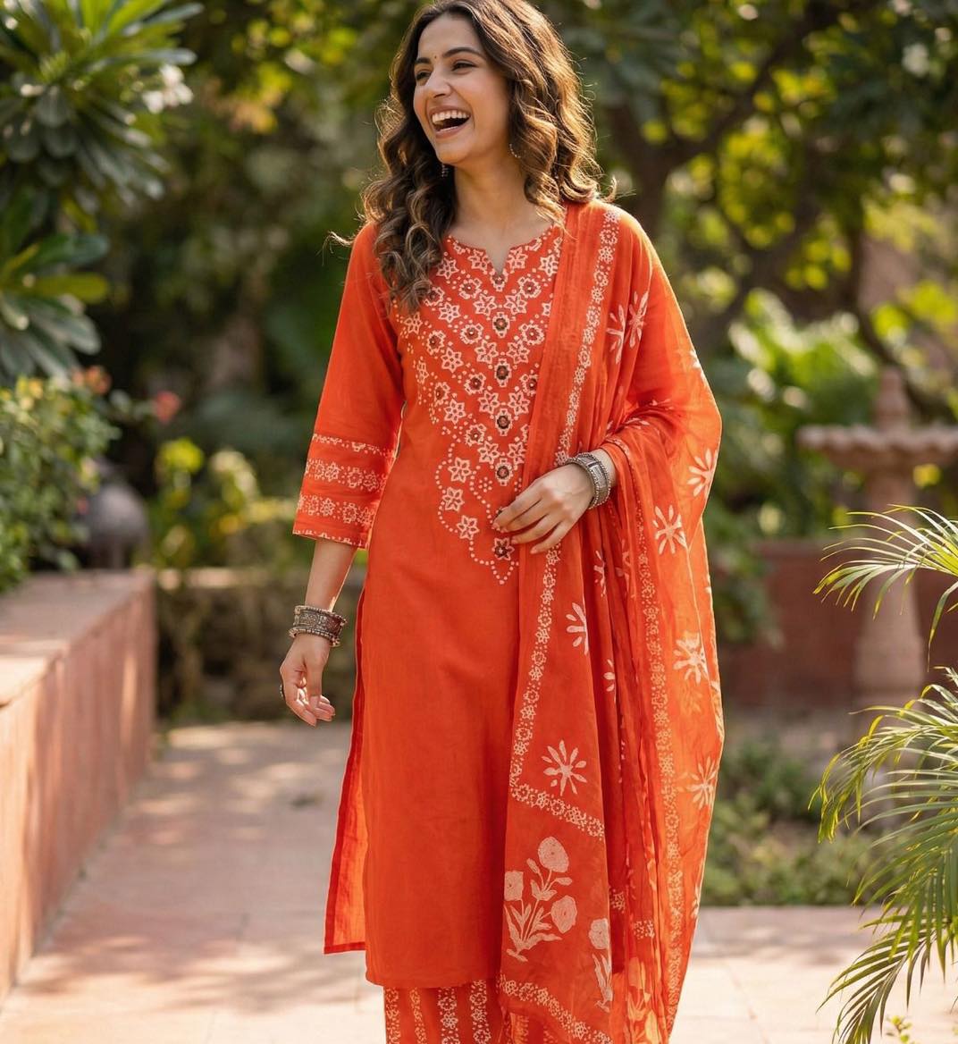 Premium Navy Blue, Orange & Deep Plum Purple Cotton Kurta Pant Dupatta Set for Women | Hand Block Print Ethnic Suit Set