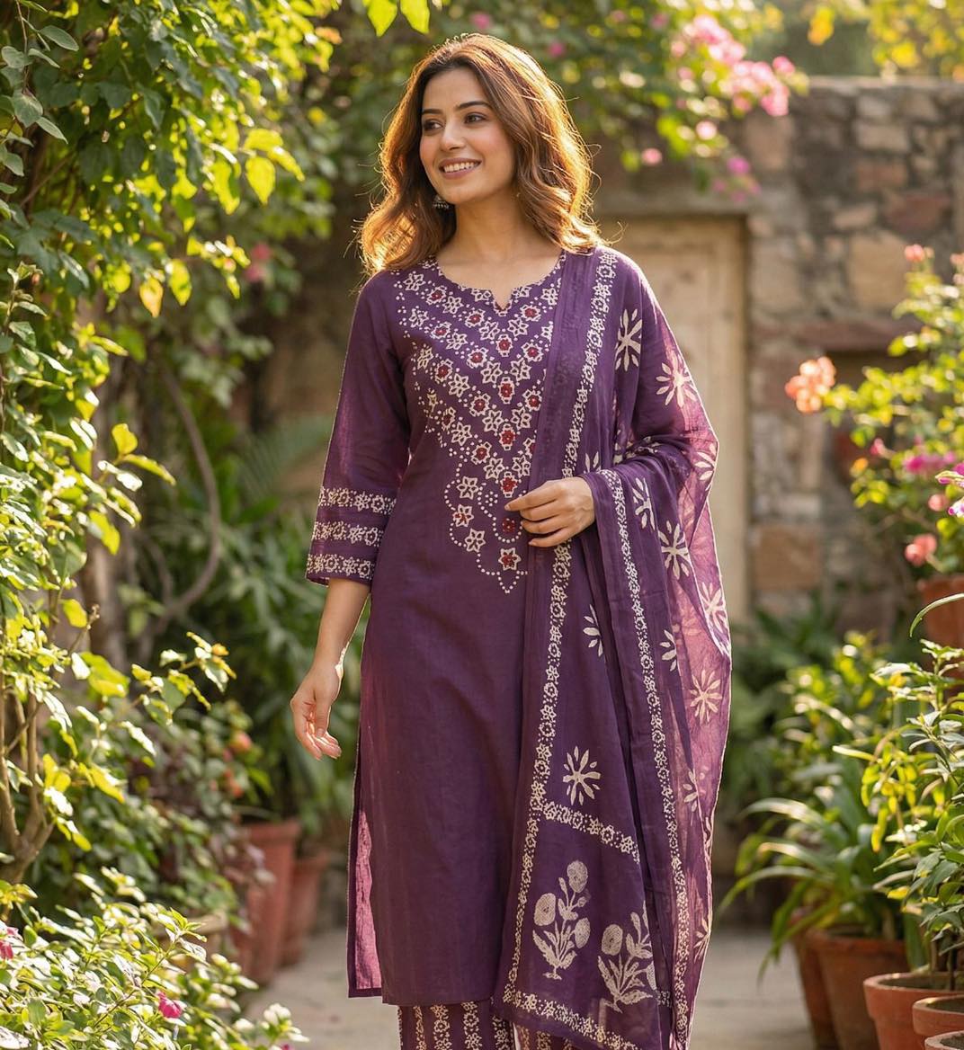 Premium Navy Blue, Orange & Deep Plum Purple Cotton Kurta Pant Dupatta Set for Women | Hand Block Print Ethnic Suit Set