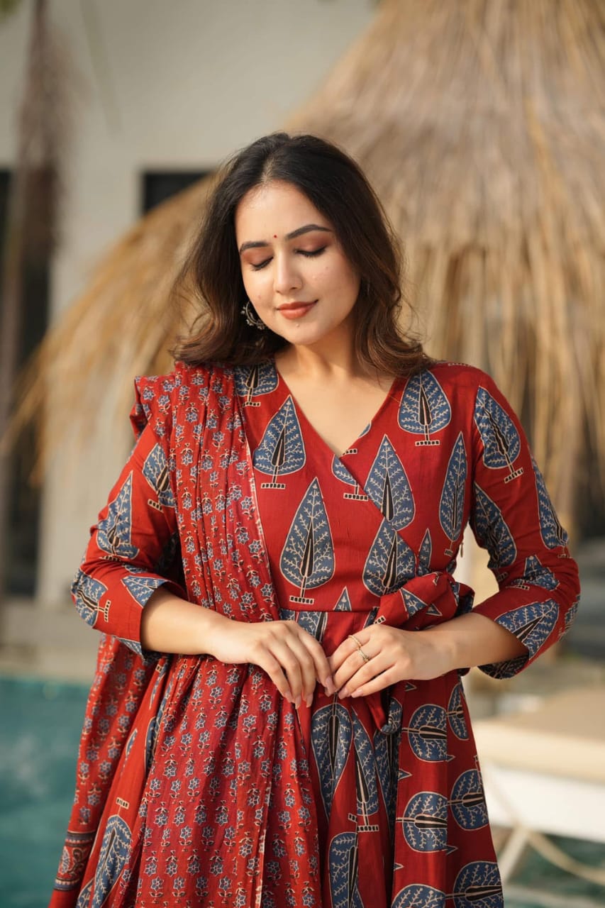 Attire Vogue Red Printed Anarkali Kurti Palazzo Set with Dupatta for Women