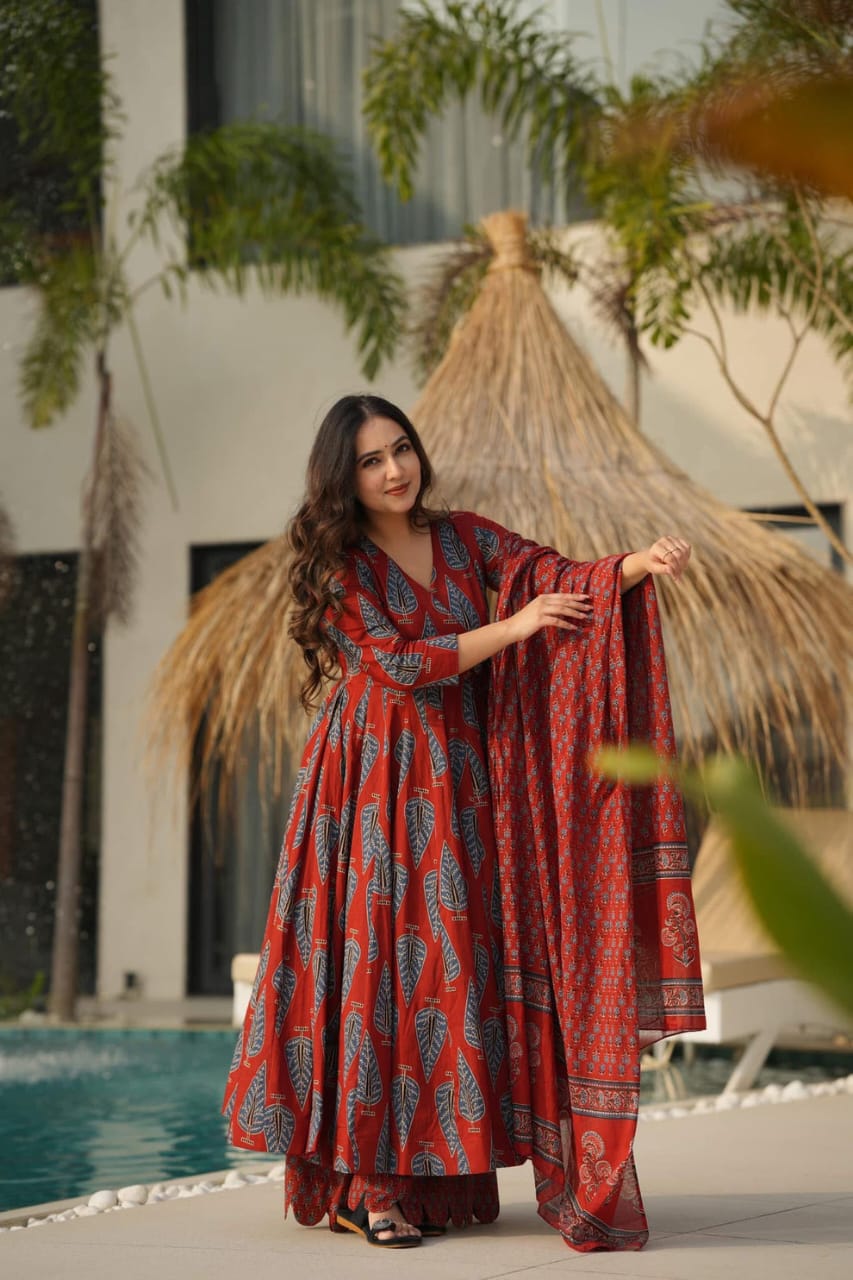 Attire Vogue Red Printed Anarkali Kurti Palazzo Set with Dupatta for Women