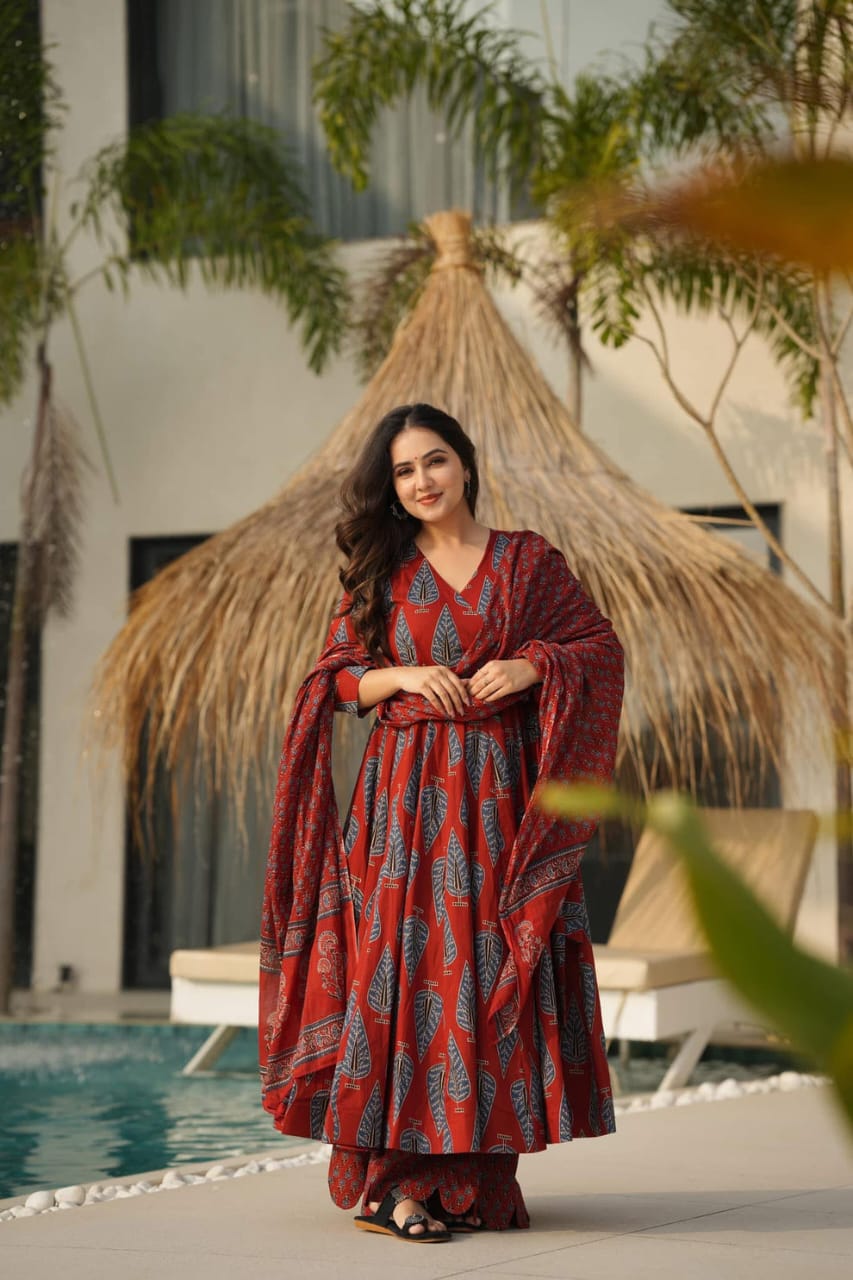 Attire Vogue Red Printed Anarkali Kurti Palazzo Set with Dupatta for Women