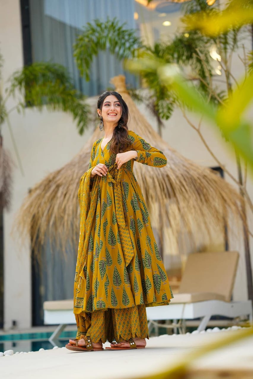 Attire Vogue Red Printed Anarkali Kurti Palazzo Set with Dupatta for Women