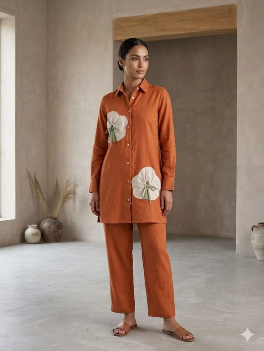 Rust Orange Cotton Co-ord Set for Women | Floral Designer Co-ord Set | Attire Vogue