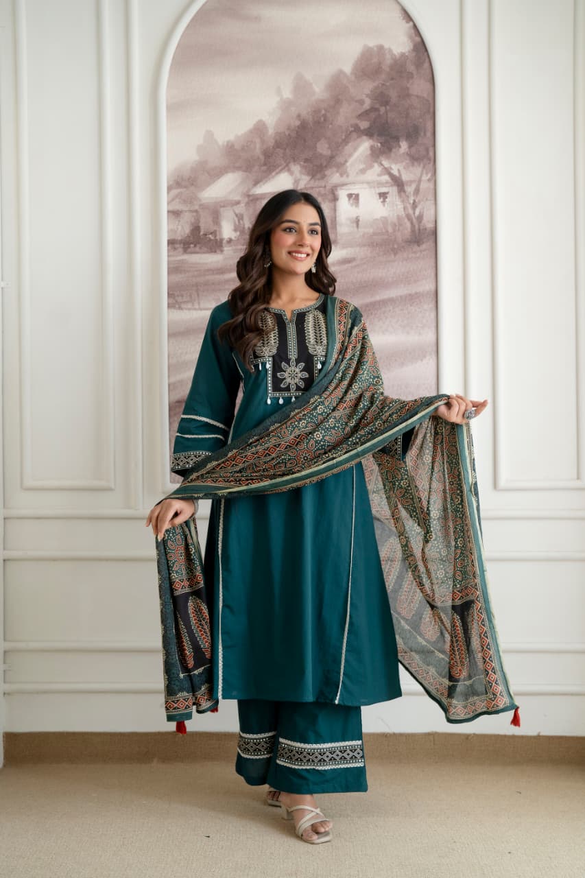 Women's Cotton Embroidered Kurta Palazzo Suit Set with Printed Dupatta | Attire Vogue