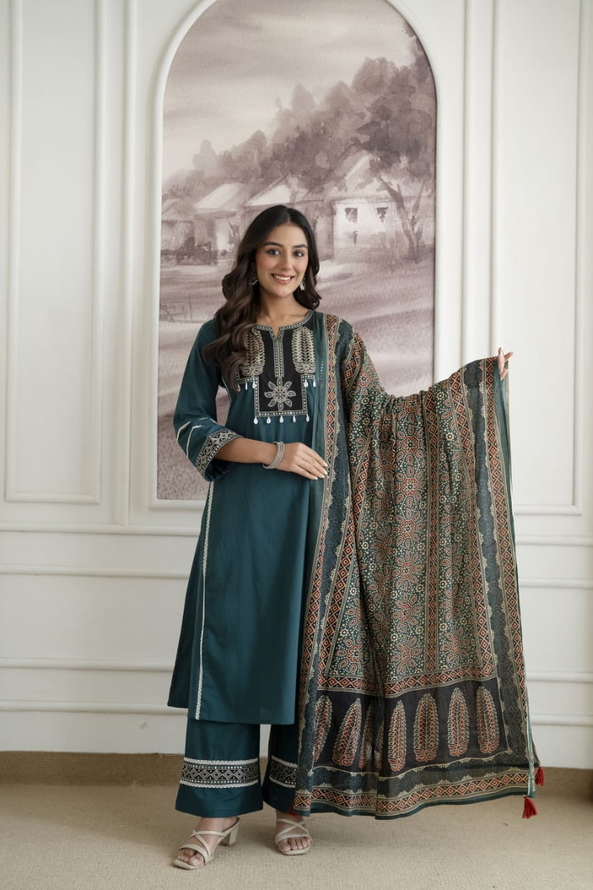 Women's Cotton Embroidered Kurta Palazzo Suit Set with Printed Dupatta | Attire Vogue