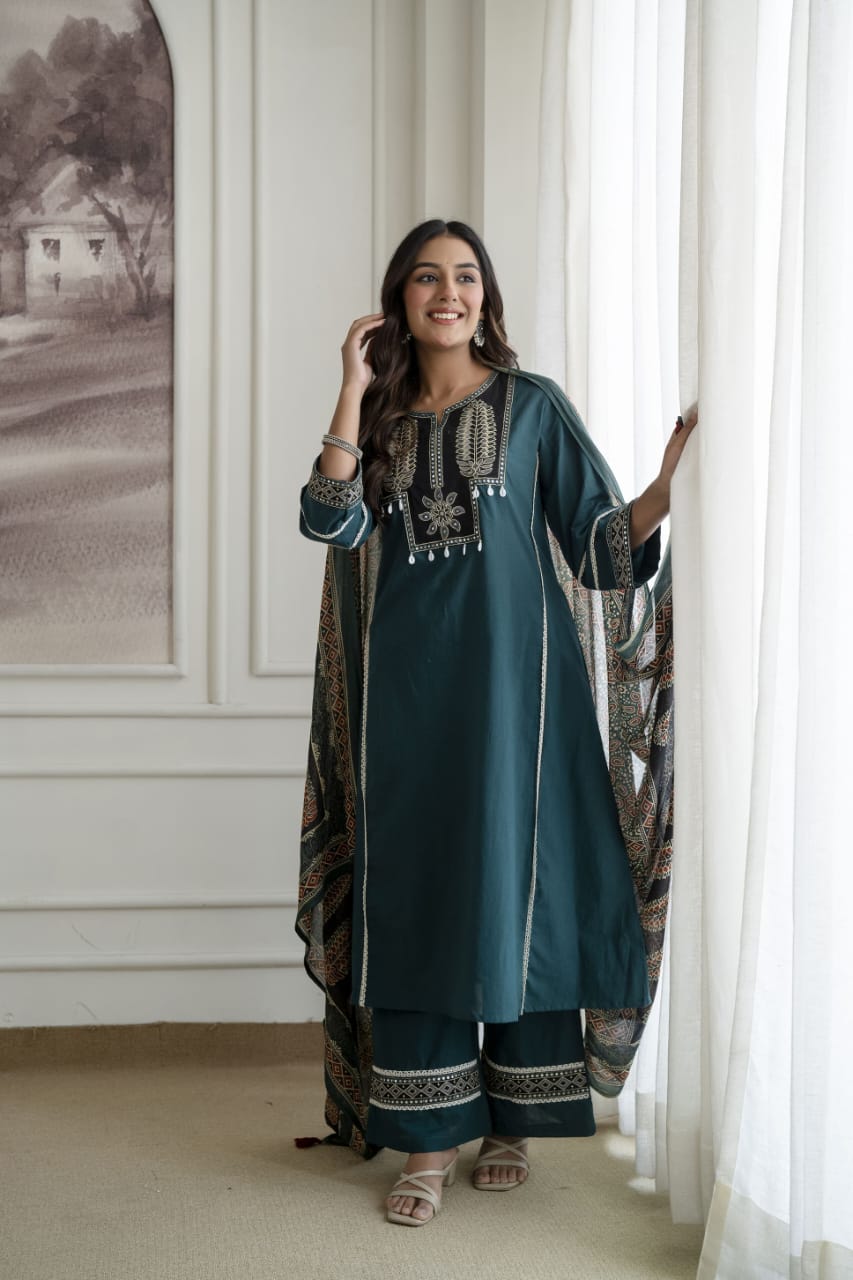 Women's Cotton Embroidered Kurta Palazzo Suit Set with Printed Dupatta | Attire Vogue